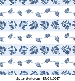 Vector Blue Leaves on Light Blue and White Stripes. Background for textiles, cards, manufacturing, wallpapers, print, gift wrap and scrapbooking.