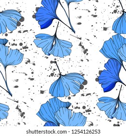 Vector Blue lginkgo eaf. Plant botanical garden floral foliage. Engraved ink art. Seamless background pattern. Fabric wallpaper print texture.