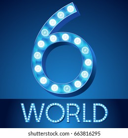 Vector blue light up alphabet. Number 6
