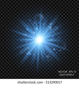 Vector blue light effect. Abstract background with blurred shiny sparkles and glitter dust. Glowing bright flare with de-focused bokeh lights.