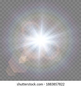 Vector blue light with lens flares. Sun, sun rays, dawn, glare from the sun png. Explosion of blue light. Blue flare png, glare from flare png.