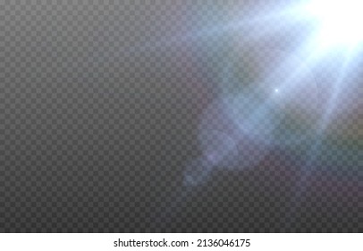 Vector blue light with lens flares. Sun, sun rays, dawn, glare from the sun png. Explosion of blue light. Blue flare png, glare from flare png.