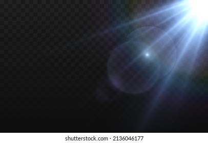 Vector blue light with lens flares. Sun, sun rays, dawn, glare from the sun png. Explosion of blue light. Blue flare png, glare from flare png.