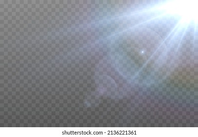 Vector blue light with lens flares. Sun, sun rays, dawn, glare from the sun png. Explosion of blue light. Blue flare png, glare from flare png.