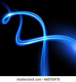 Vector blue light trace effect. Glowing spark swirl trail tracing on black background. Blue neon bokeh glitter fire spiral wave line with flying sparkling flash lights