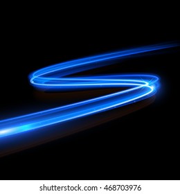 Vector Blue Light Trace Effect. Glowing Spark Zig Zag Swirl Trail Tracing Effect On Black Background. Neon Blue Glitter Fire Wave Line With Flying Sparkling Flash Lights