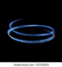 Vector blue light trail circle. Blue neon glowing fire ring trace. Glitter magic sparkle swirl trail effect on transparent background.