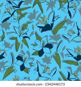 Vector blue lilies scattered with shadows seamless pattern background. Perfect for wallpaper,fabric, projects.