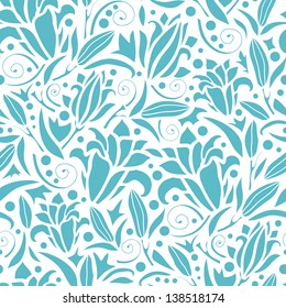 Vector blue lily silhouettes seamless pattern background with hand drawn elements