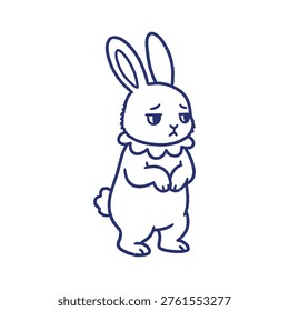 Vector blue line art of a bored bunny. Simple animal character design showing exhaustion or lack of interest, isolated on white.