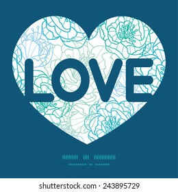 Vector blue line art flowers love text frame pattern invitation greeting card template