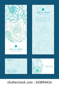 Vector blue line art flowers vertical frame pattern invitation greeting, RSVP and thank you cards set