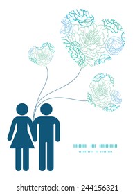 Vector blue line art flowers couple in love silhouettes frame pattern invitation greeting card template