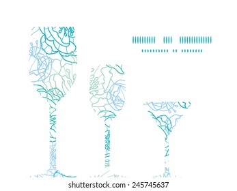 Vector blue line art flowers three wine glasses silhouettes pattern frame