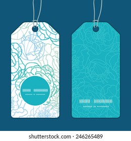 Vector blue line art flowers vertical round frame pattern tags set