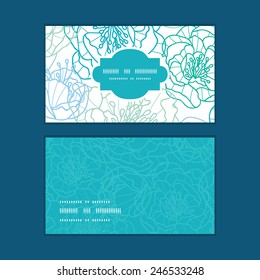 Vector blue line art flowers horizontal frame pattern business cards set