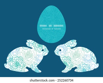 Vector blue line art flowers bunny rabbit silhouette Easter frame