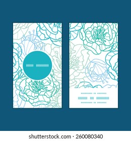 Vector blue line art flowers vertical round frame pattern business cards set