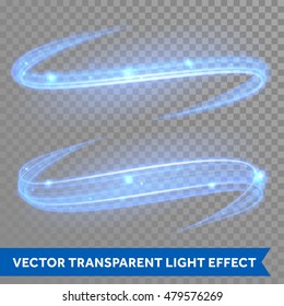 Vector blue line effect of magic glowing light swirl trail trace effect on transparent christmas background. Bokeh glitter fire spark spiral wave line with flying sparkling flash lights