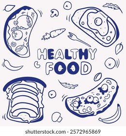 Vector blue line illustration in doodle technique with sandwiches with avocado, egg, berries, cheese, arugula with lettuce, pepper, banana and fork, packaging design, healthy food, lettering