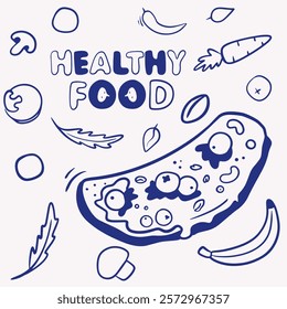 Vector blue line illustration in doodle technique with sandwich with berries, cheese, jam with lettuce, pepper, banana and fork, packaging design, healthy food, lettering