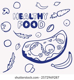 Vector blue line illustration in doodle technique with sandwich with cheese, greens, nuts with lettuce, pepper, banana and fork, packaging design, healthy food, lettering