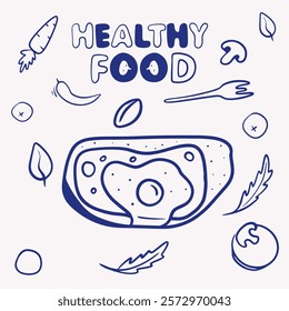 Vector blue line illustration in doodle technique with sandwich with egg, cheese, lettuce greens, pepper, banana and fork, packaging design, healthy food, lettering