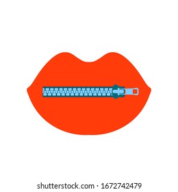Vector blue lock zipper icon on top of a silhouette of red female lips. The concept of female secrecy, silence. Isolated on white background, flat style illustration.