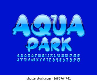 Vector blue logo Aqua Park. Creative artistic Font. Glossy Alphabet Letters and Numbers