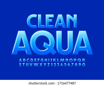 Vector Blue Logo Clean Aqua With Glossy Font. Gradient Alphabet Letters And Numbers