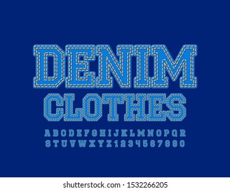 Logo azul vector Denim Clothes. Tipo de letra cosida de tejido. Letras y números de alfabeto estilo jeans