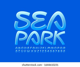 Vector blue logo Sea Park. Bright Glossy Font. Handwritten Alphabet Letters and Numbers.
