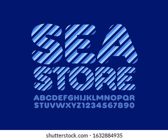Vector blue logo Sea Store with trendy Font. Striped Alphabet Letters and Numbers