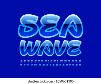 Vector blue logo Sea Wave. Handwritten Glossy Font. Creative Alphabet Letters and Numbers set