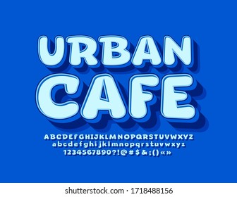 Logo azul vector Café urbano con fuente 3D de historieta. Letras, números y símbolos de alfabeto creativos