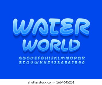 Vector blue logo Water World. Handwritten 3D Font. Stylish Alphabet Letters and Numbers.