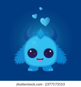Vector Blue Love Cute Cartoon Monster With Hearts Illustration	
