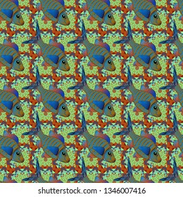 Vector blue, magenta and green fishes pattern. Vector illustration. Seamless pattern with ornamental fish.