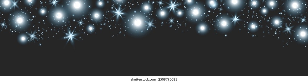 Vector blue magic glow. Sparkling texture. Christmas light. Flash light. Luminous trail. Blue luminous dust and glares on black background. Vector illustration EPS 10