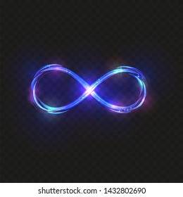 Vector blue magic glowing light infinity sign swirl trail on black background. Blue neon glitter fire spark spiral wavy line.