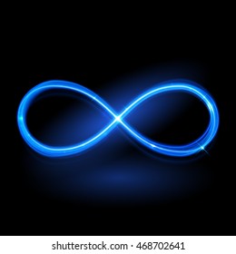 Vector blue magic glowing light infinity sign swirl trail on black background. Blue neon glitter fire spark spiral wavy line