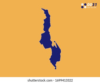 Mapa azul vector de Malawi sobre fondo amarillo.