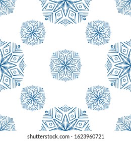 Vector blue mandala style seamless pattern design. Hand draw flower ornament pattern background for print and textile, home decor and wrapping paper.