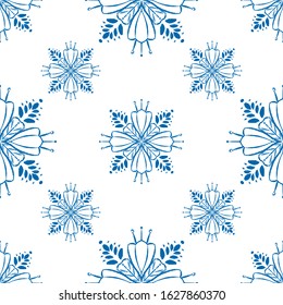 Vector blue mandala style seamless pattern design. Hand draw flower ornament pattern background for print and textile, home decor and wrapping paper.