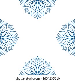 Vector blue mandala style seamless pattern design. Hand draw flower ornament pattern background for print and textile, home decor and wrapping paper.