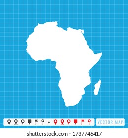 Vector blue map of Africa and pins icon.
