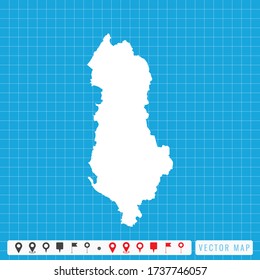 Vector blue map of Albania and pins icon.