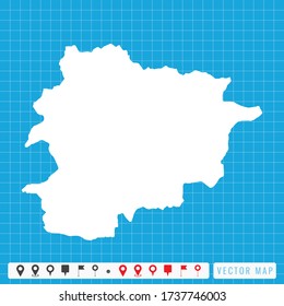 Mapa azul vectorial de Andorra y icono de los pines.