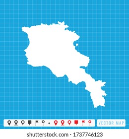 Vektor blaue Karte von Armenien und Pins Icon.