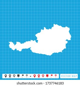 Mapa azul vectorial de Austria e icono de pines.